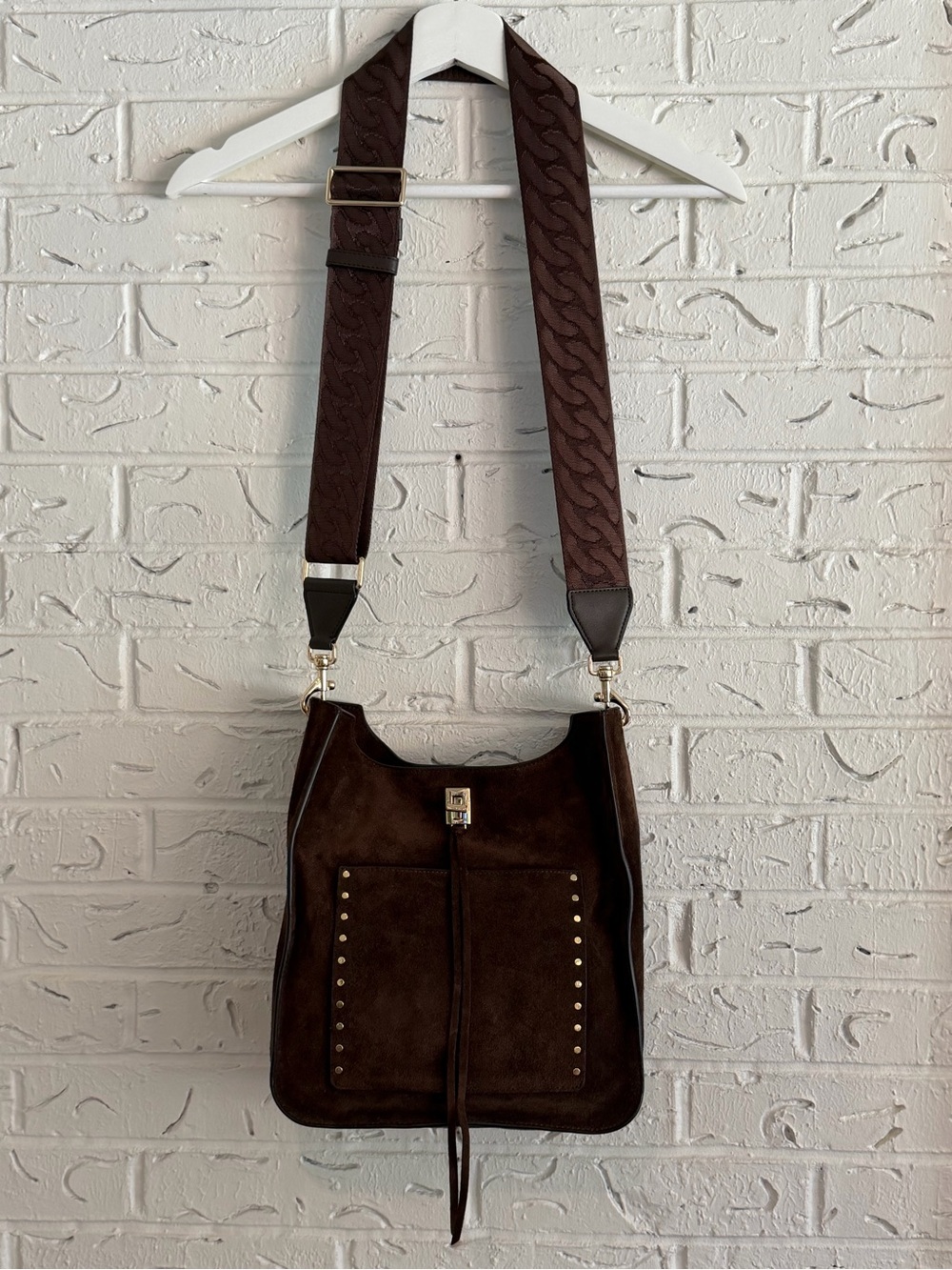 Rebecca Minkoff Dark Brown Real Suede Crossbody Bag with Stud Accents